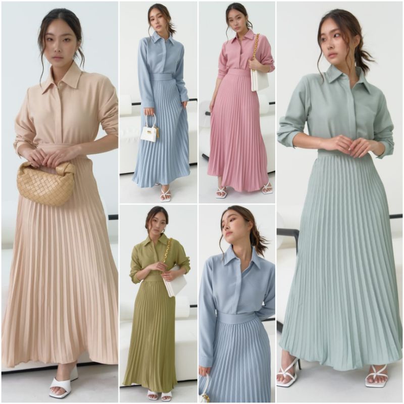 ❣️SPECIAL PRICE ♡ PREMIUM ♡ ORIGINAL ! SAPHIRE 2 IN 1 SET LONG SLEEVE SHIRT +  PLISKET PLEATED MIDI atau MAXI FLARE SKIRT / SETELAN KEMEJA LENGAN PANJANG &amp; ROK PLISKET RAMPLE ( HIJAB &amp; BUSUI FRIENDLY )