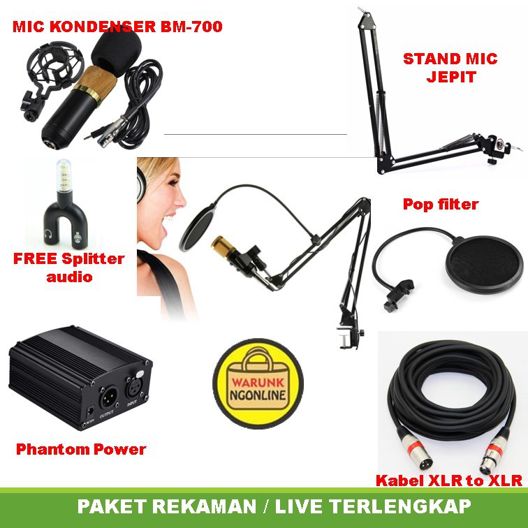 Paket rekaman recording - karaoke  - live smule - youtube microfon bm-700 phantom power stand mic