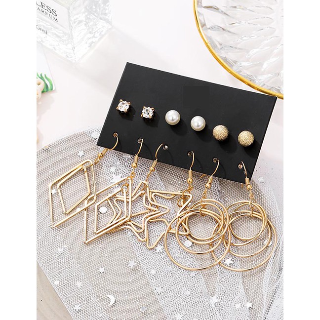 LRC Anting Set Fashion Gold Pearl Five-pointed Star Big Circle Earrings Set Of 6 F71693