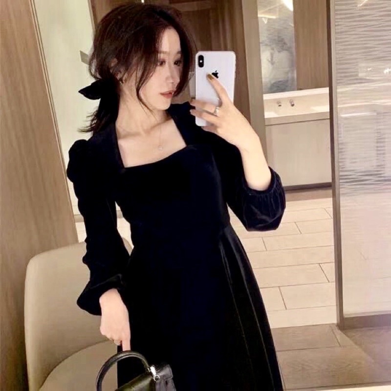 Bleinc squareneck velvet dress pesta korean midi prom puffy dress bludru vintage