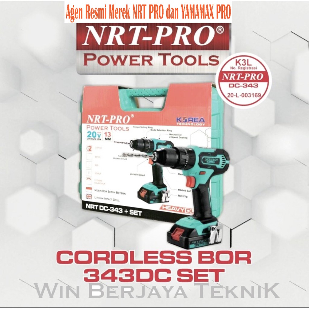 NRT-PRO DC343 Mesin Bor Cordless Drill Baterai, Bor Tangan, Mesin Bor Tembok 13 mm. DRILL IMPACT 
