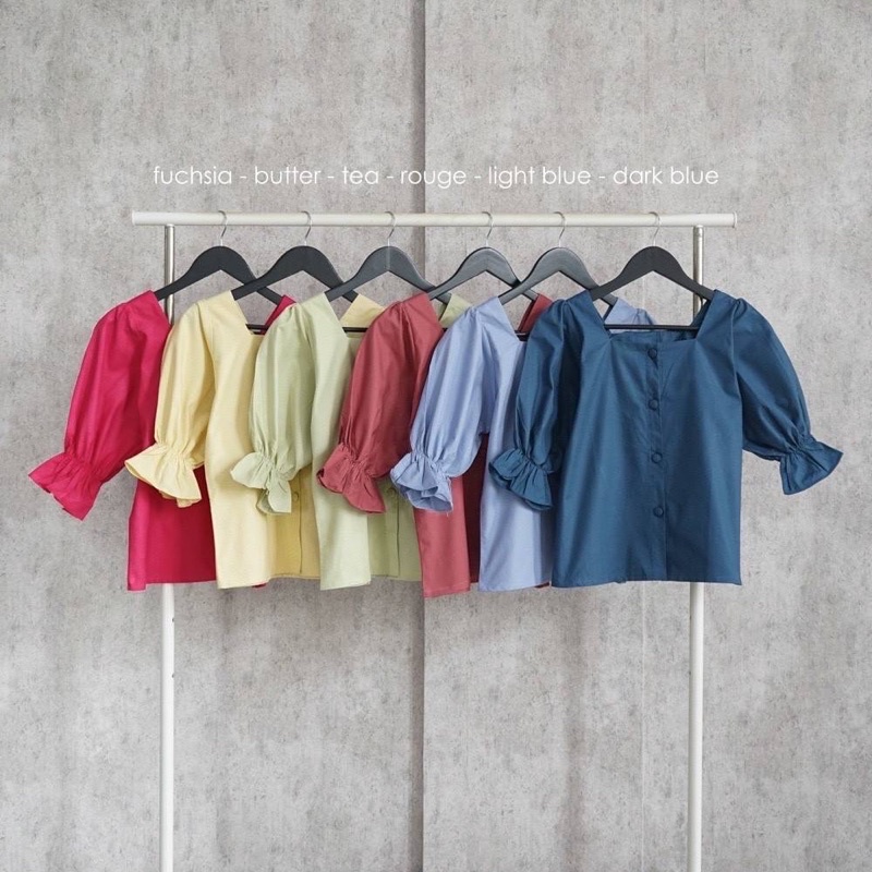 FALIE TOP BAJU ATASAN BLOUSE WANITA LENGAN PENDEK BAHAN KATUN COTTON RUFFLE POLOS FUCHSIA SHOCKING PINK BUTTER PASTEL YELLOW TEA PASTEL GREEN ROUGE DARK PINK LIGHT BLUE DARK BLUE-5