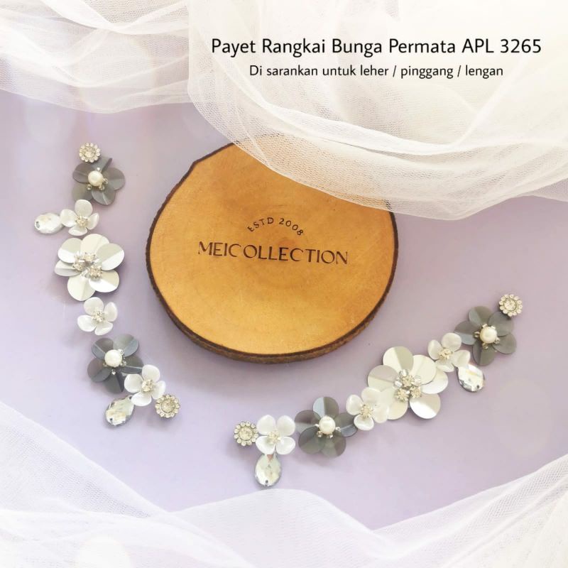 Payet leher mutiara permata bunga 3D APL 3265 warna grey doff silver doff