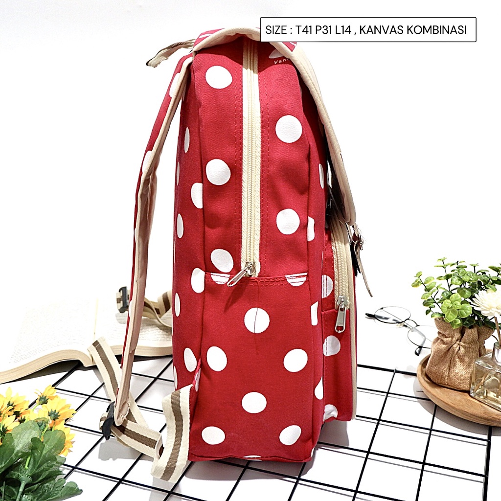 FLASH SALE - BISA COD - TAS WANITA CEWEK RANSEL TUTUP KANVAS VARIAN FASHION produk lokal Polkadot