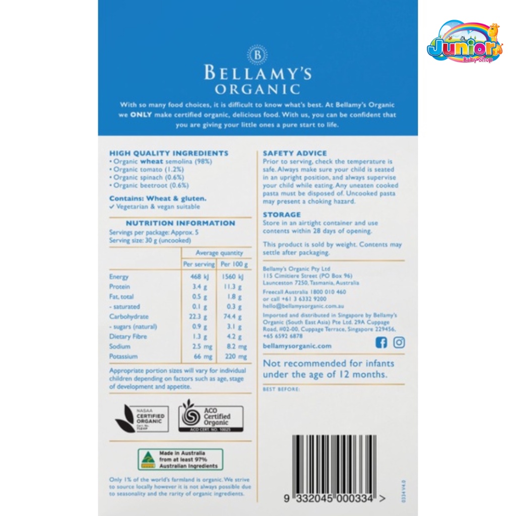 Bellamys Organic Veggie Macaroni 175gr