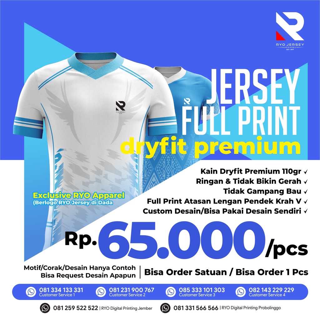 Jual Jersey Model Standar Custom Full Printing KAIN DRYFIT PREMIUM Lengan Pendek Indonesia