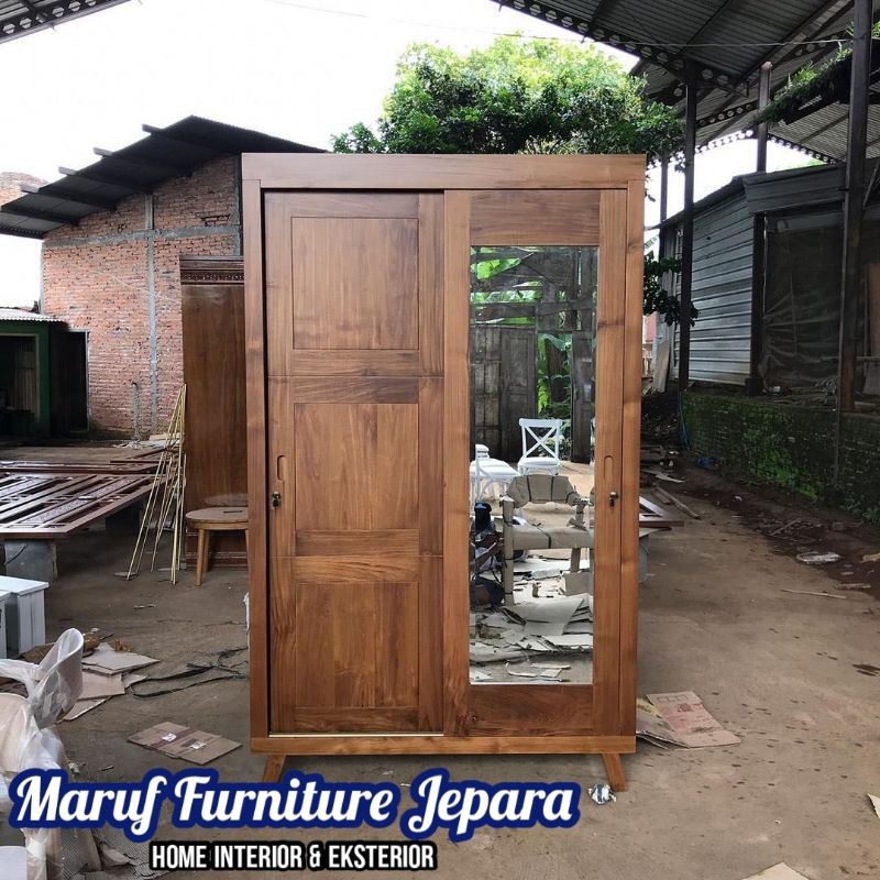 Lemari Baju / Pakaian Kayu Minimalis 2 Pintu + Kaca Sliding / Geser