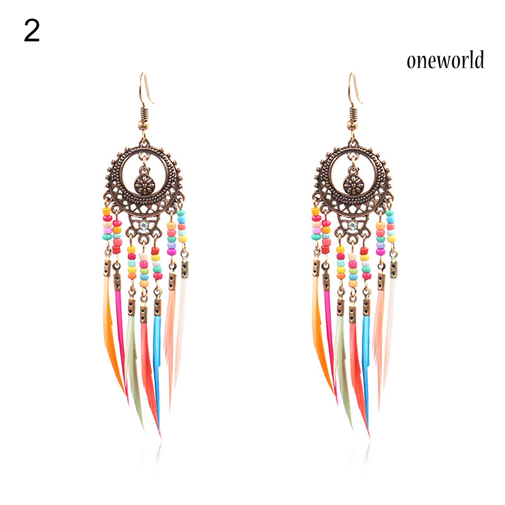 OW# Earrings Retro Romantic Resin Beads Bohemian Feather Tassel Fringe Earrings for Women