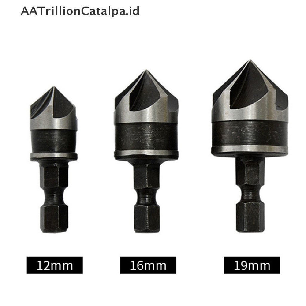 Aatrillioncatalpa 3Pcs / Set Mata Bor Chamfer 5 Flute 12 / 16 / 19mm Untuk Pengerjaan Kayu