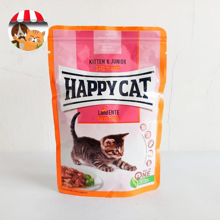 Happy Cat Makanan Kucing Basah Kitten &amp; Junior Farm Duck Pouch 85gr