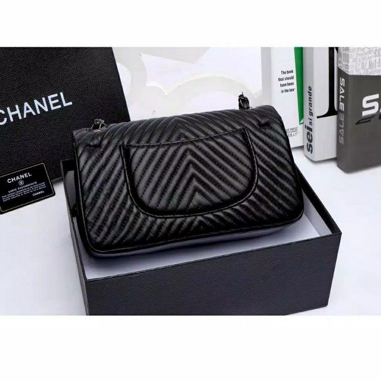 [TJS. 949094] TAS IMPORT MAXY CHEVRON FREE BOX DAN PAPERBAG KOMPLIT ACC. HITAM PREMIUM FLAP LAMBSKY 