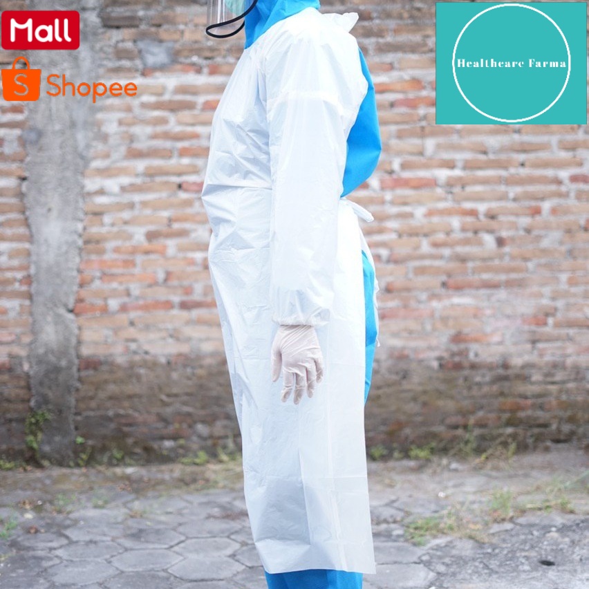Apron Medis Lengan Panjang Dengan Karet / Apron Medis Lengan Panjang penutup Hazmat APD Gown Putih