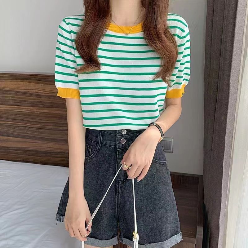 Velma Stripe T Shirt Top Knit Import - Kaos Wanita Lengan Pendek - Atasan Wanita Salur TM (B170)