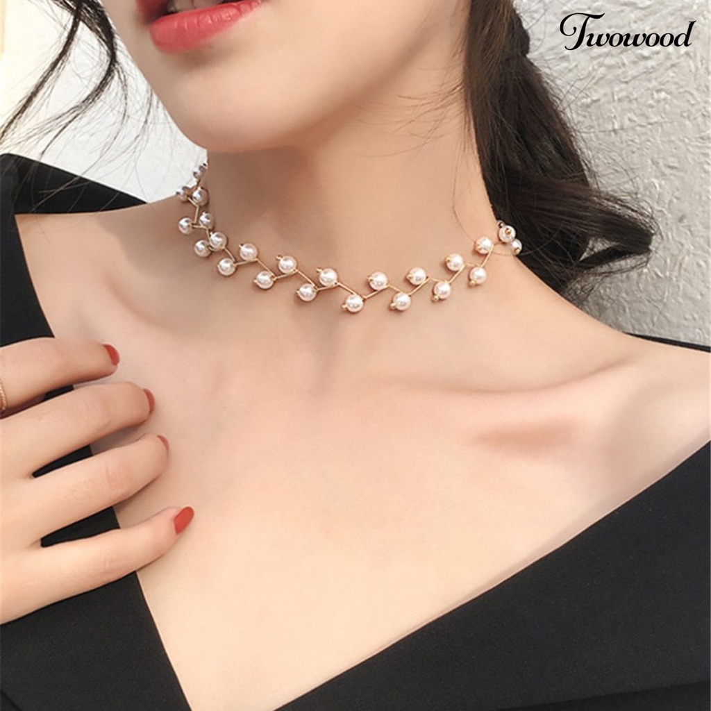 Twowood Imitation Pearl Lobster Clasp Necklace Collar Women Extension Chain Adjustable Choker Necklace for Party