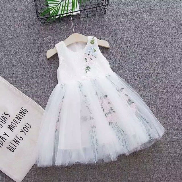 Dress Korea Tanpa Lengan dengan Bordir Bunga Cantik Untuk Anak Perempuan 0-1 tahun impor nablfashion