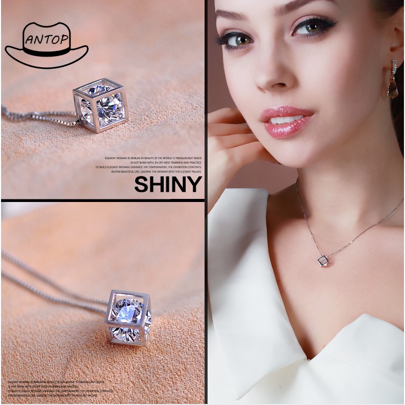 Antop！Kalung Alloy Anti Karat Crystal Rantai dengan Liontin Batu Zircon Bentuk Kotak untuk Wanita