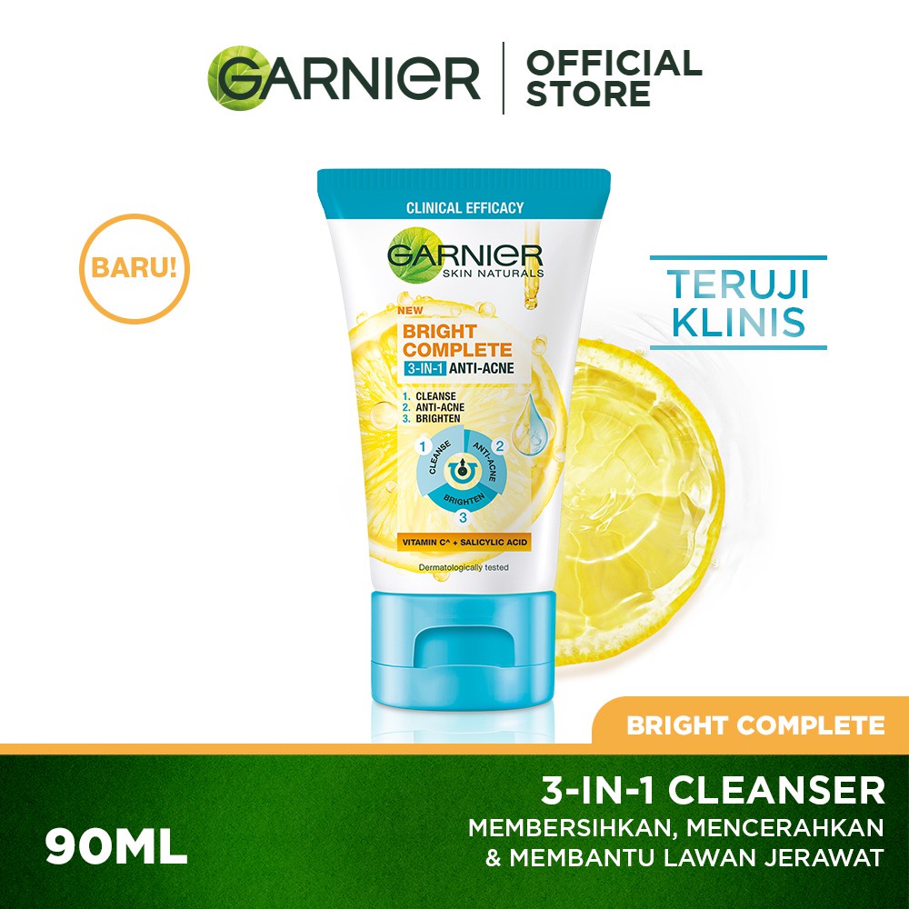 Garnier Bright Complete 3-in-1 Anti Acne Facial Wash - Pembersih Wajah Lawan Jerawat