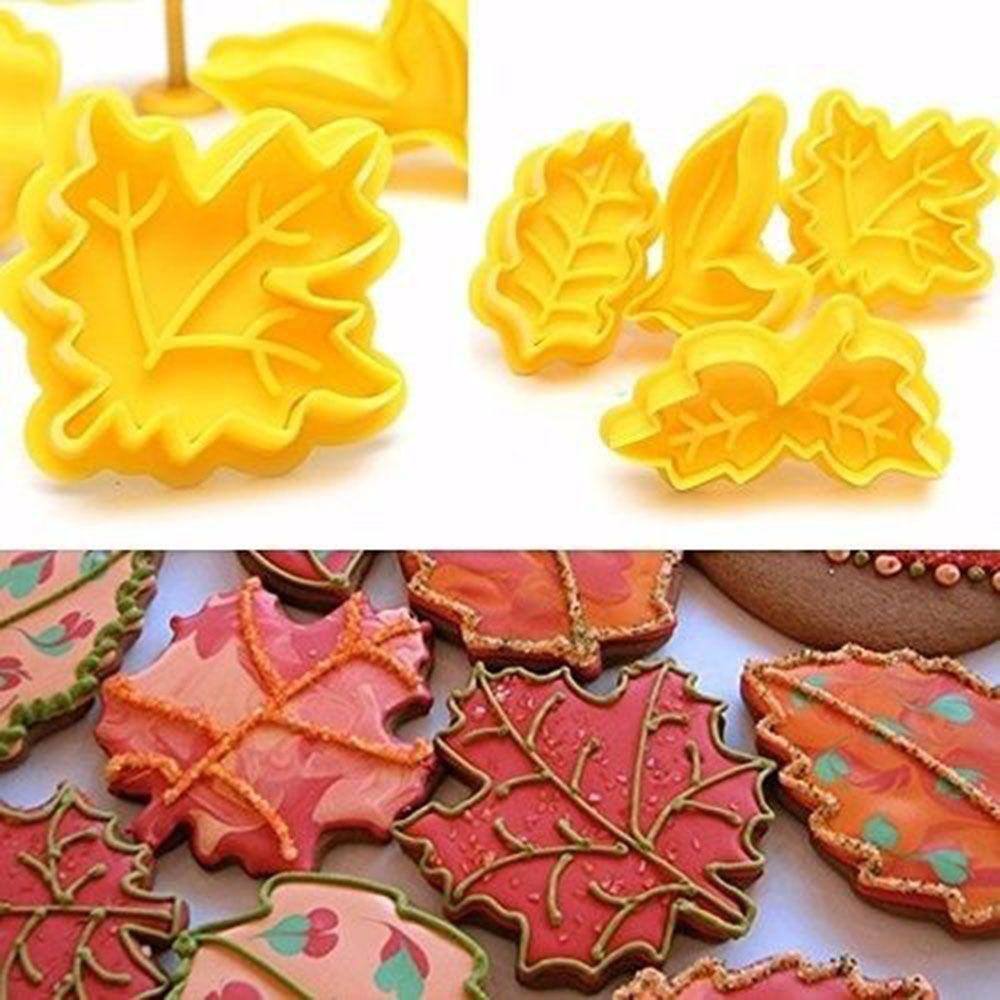 Solighter 4 Pcs Daun Tekan 3D Cetakan Baking Fondant Kue Alat Cetakan Biskuit