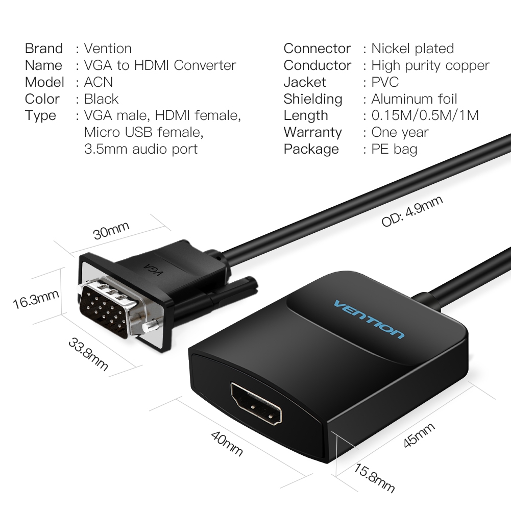 Vention Adapter Konverter Vga Ke Hdmi 1080p Hd Dengan with Audio Support Power cable