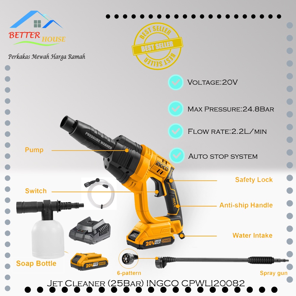 Jet Cleaner Cordless 20V (25Bar) INGCO CPWLI20082 Pompa Cuci Steam AC