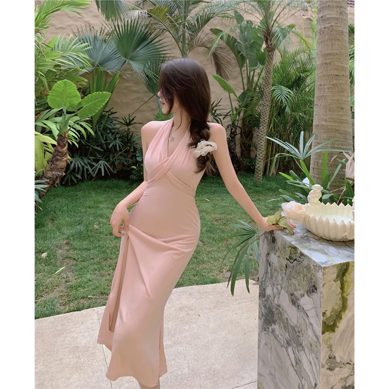 Suhao French halter dress rok v-neck lembut pink wanita dengan rok midi bagian bawah pinggul