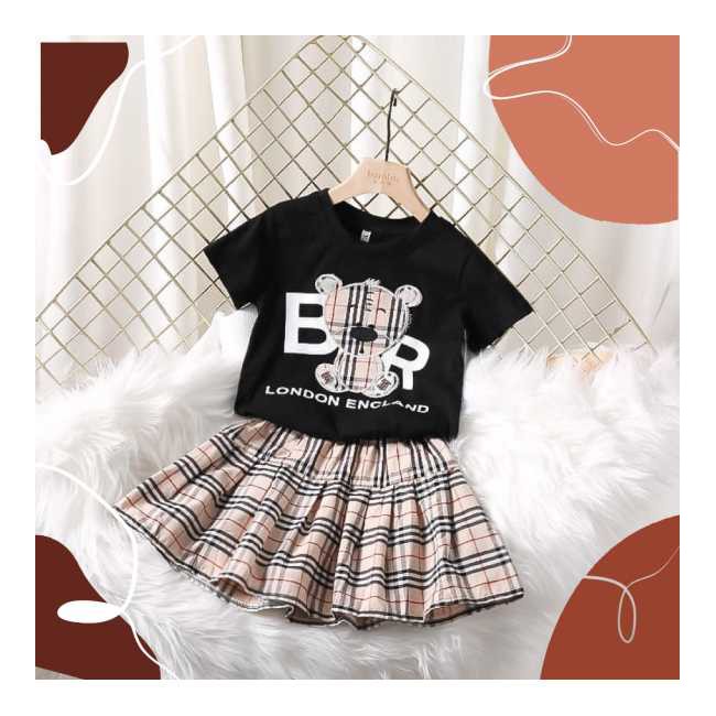 Baju Anak Perempuan Motif Beruang Rok London Setelan Kaos Hitam Bear Rok Pendek Anak Kotak London