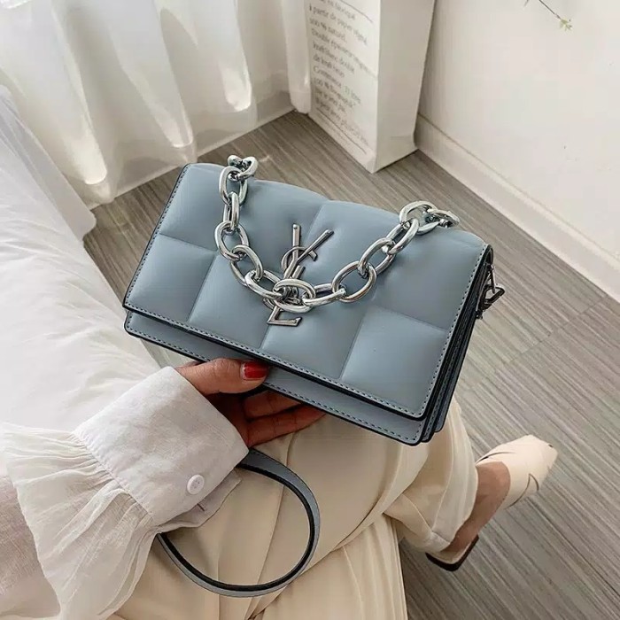 Tas import selempang wanita YSL rantai besi - Biru