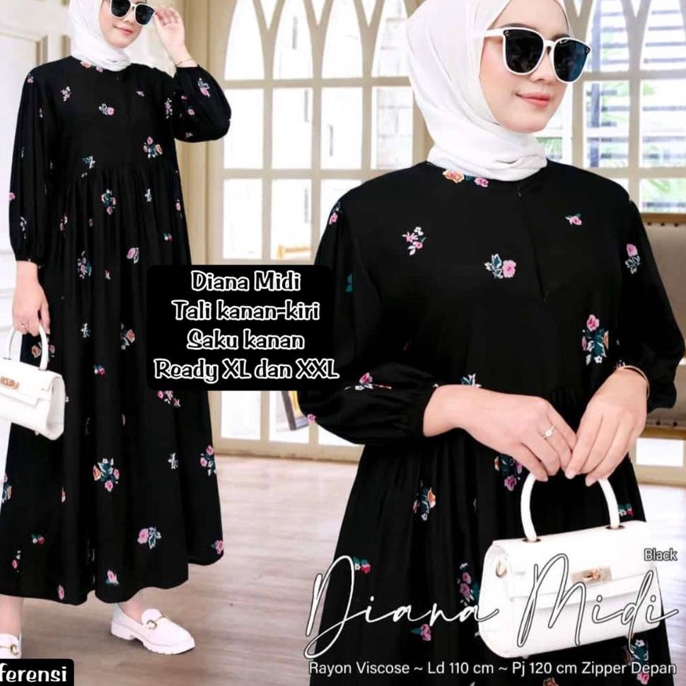 DIANA MIDI DEESS XL XXL - DRESS RAYON VISCOSE MOTIF - DRESS BUSUI - DRESS JUMBO BIG SIZE BAHAN RAYON