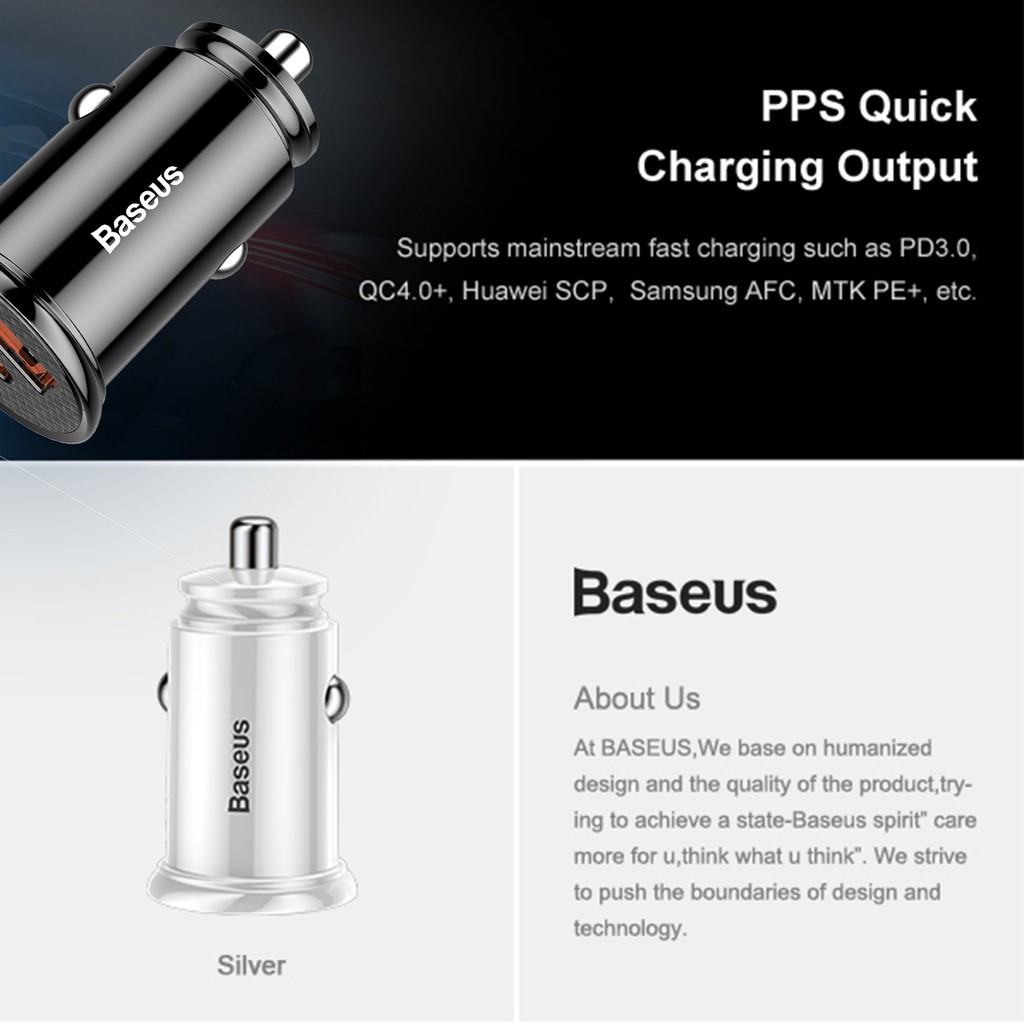 Car Charger Baseus 30w Type-C Pd+Usb Quick Charge 3.0