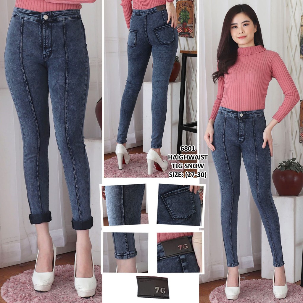 7C-G CELANA JEANS PREMIUM HIGHWAIST TULANG SNOW HITAM /PINGGANG TINGGI TULANG/STREACHT /27 - 34