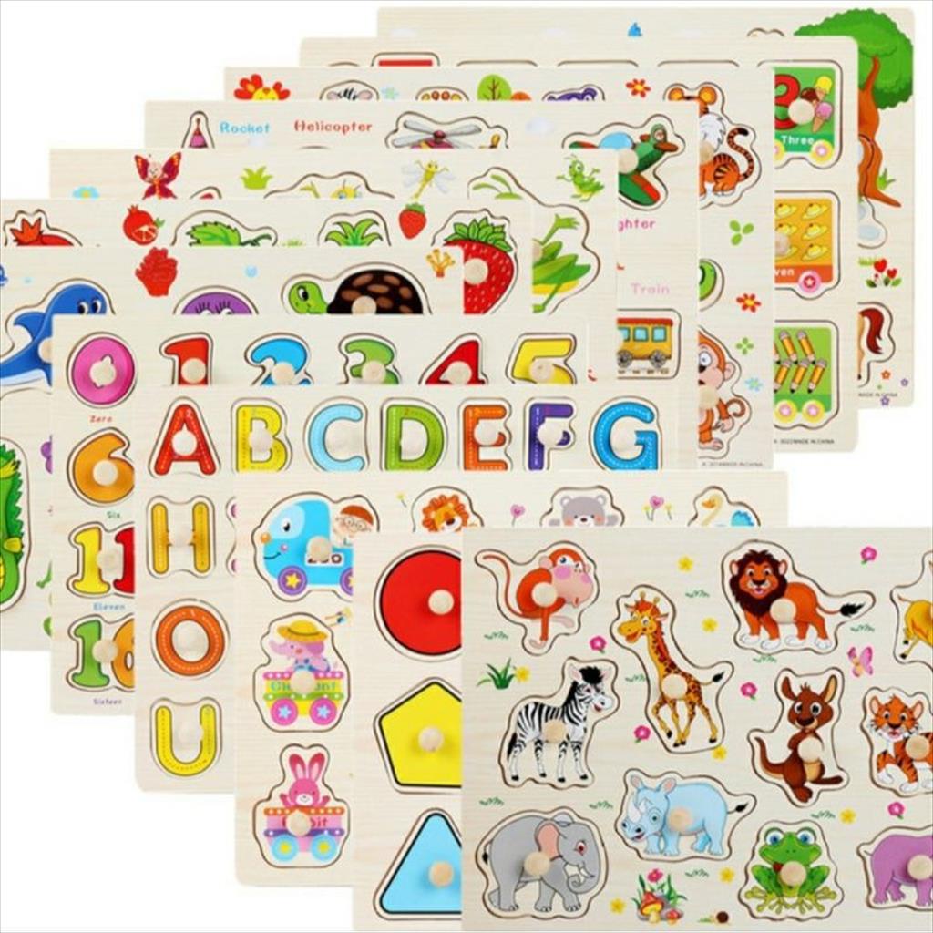 MJS 910 - Puzzle Kayu Knob Wooden Puzzle Angka Alfabet Hewan Buah Transportasi Jam Mainan Edukasi Anak Batita Balita Toddler