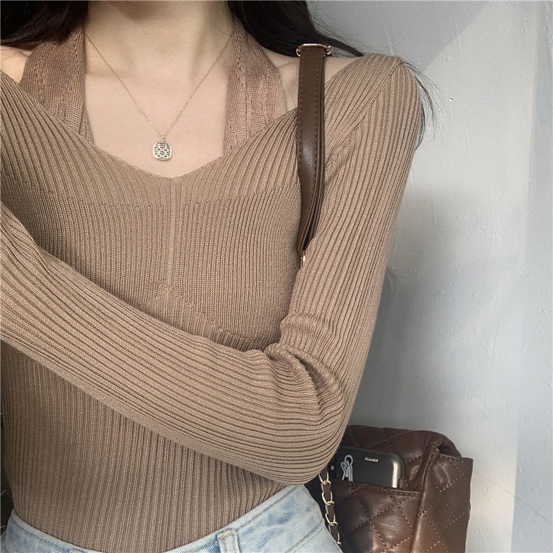 Suhao Kalung V-neck Knitwear Pakaian Wanita Musim Semi dan Musim Panas Versi Korea Baru Slim Fit Legging Knitwear Lengan Panjang Atasan