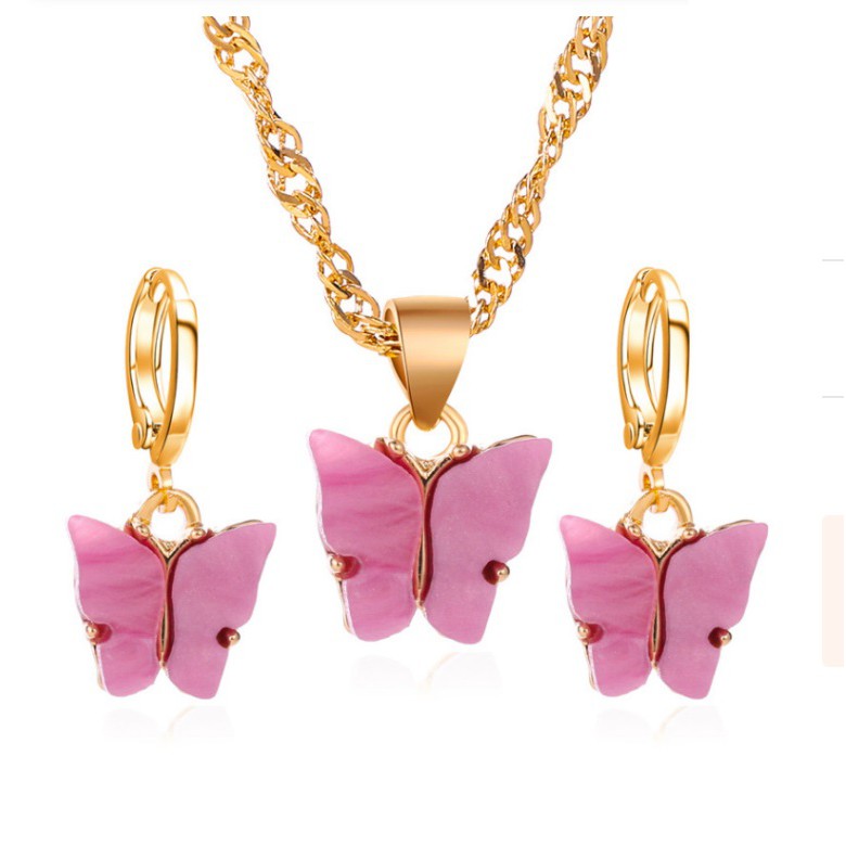 SET Kalung + Liontin + Anting KUPU-KUPU WARNA Korea Fashion Wanita Butterfly Rantai Titanium Alloy