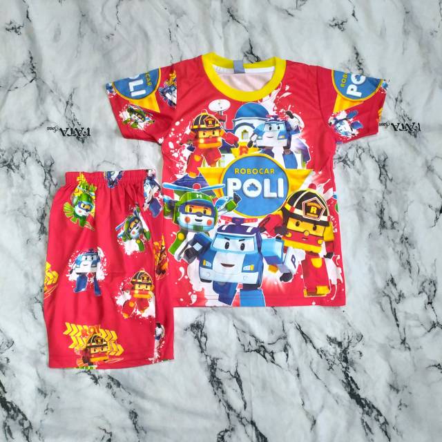Kaos baju bola setelan anak poli merah print
