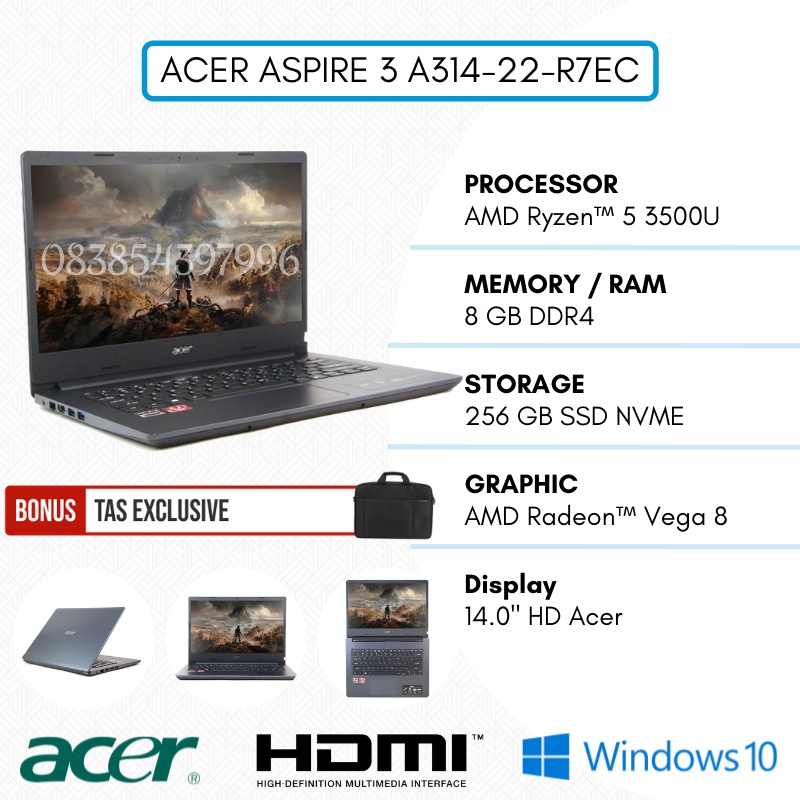 ACER ASPIRE 3 SLIM A314 22 - AMD RYZEN 5 3500U 8GB/12GB 256SSD W10+OFFICE 14" HD - R7EC - LAPTOP GAMING - TEKNO KITA