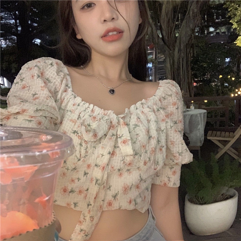 Suhao sangat peri super peri kemeja sifon lengan pendek satu bahu off-the-bahu atasan bunga aprikot