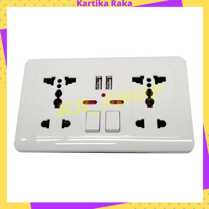 KR Stop Kontak Universal UK EU US 2 Slot with 2 USB On/Off LC-86