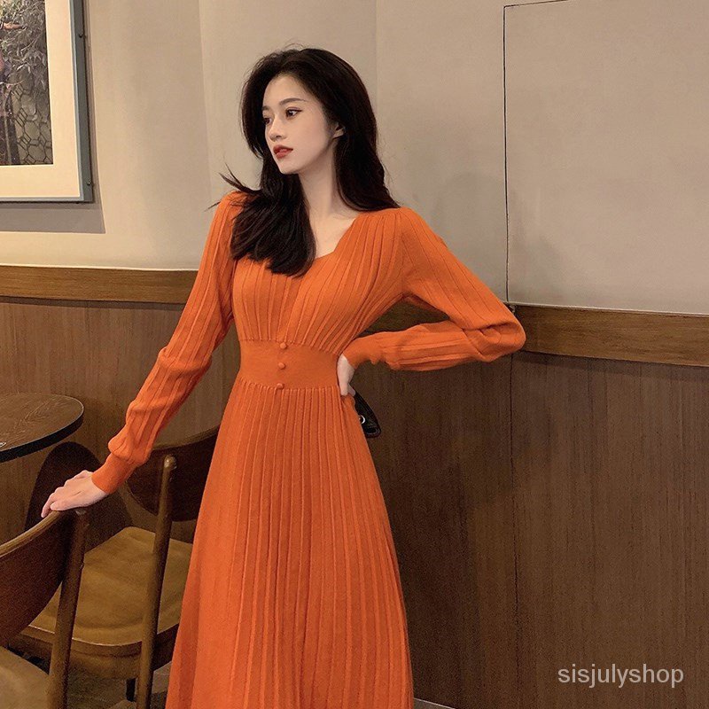 #Sisjuly# Wanita High Waist Dress Baru V-Neck Lengan Panjang Pullover Warna Solid Mid Panjang Rajuta