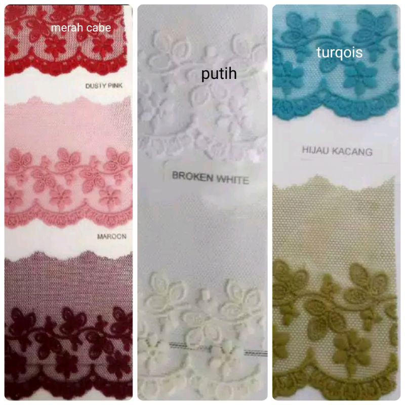 Renda tile bunga bordir rajut brokat gyper / giper katun baju mukena kebaya harga 1 ROLL