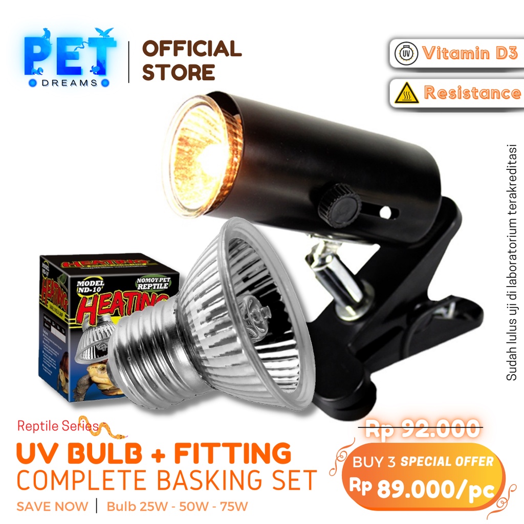 PROMO PAKET LAMPU UVA UVB + FITING KERAMIK JEPIT NOMOY PENGHANGAT REPTIL SULCATA TORTO IGUANA