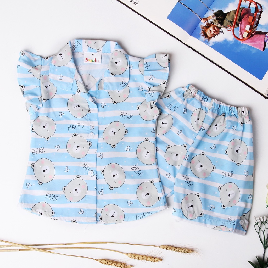 Baju Piyama Anak Cewek Katun Jepang Happy Bear Lengan Pendek