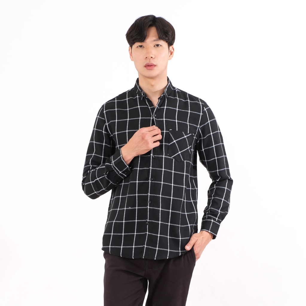 SANVANINA Kemeja Flannel Lengan Panjang Kotak Black White | Kemeja Flanel Pria Slim Fit E-8004