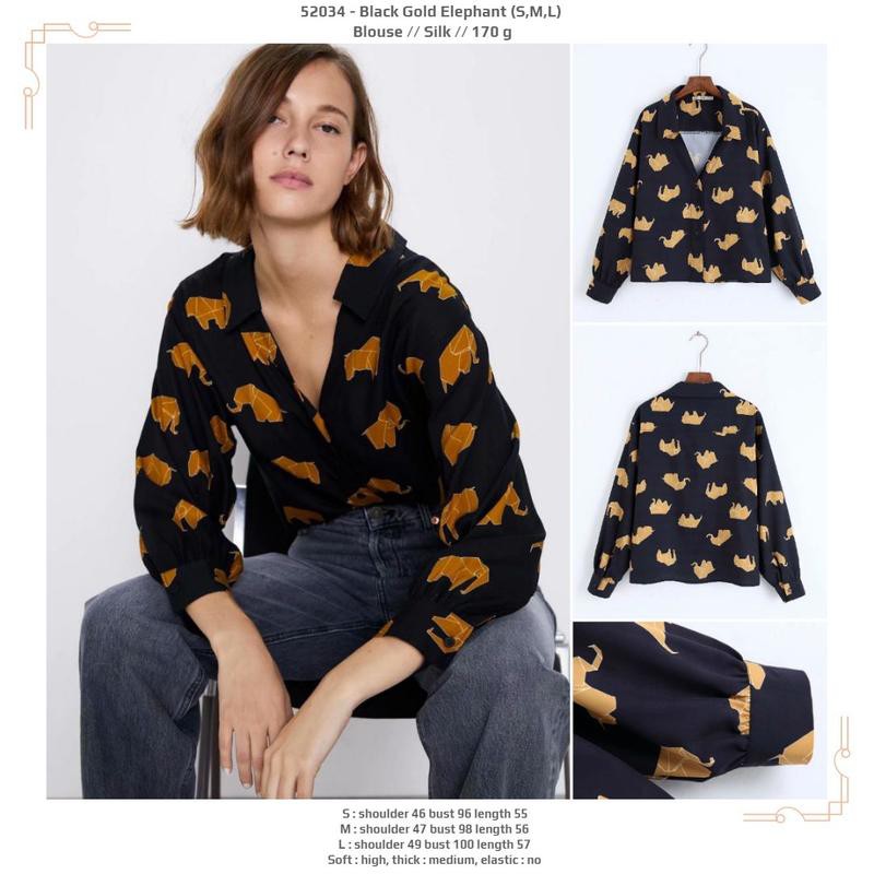 52034 Black Gold Elephant Blouse / Blouse Hitam Motif Gajah