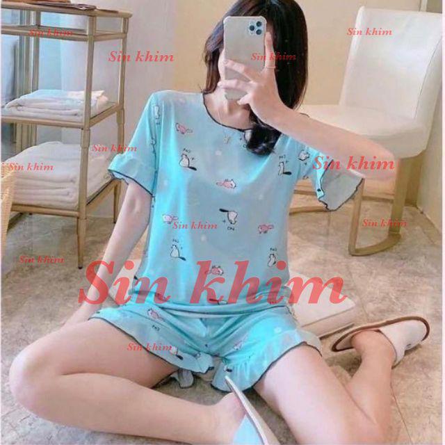 Baju tidur Wanita Import Bahan Kaos Spandex Tebal Aneka Motif All Size L Short Pants-Cat blue