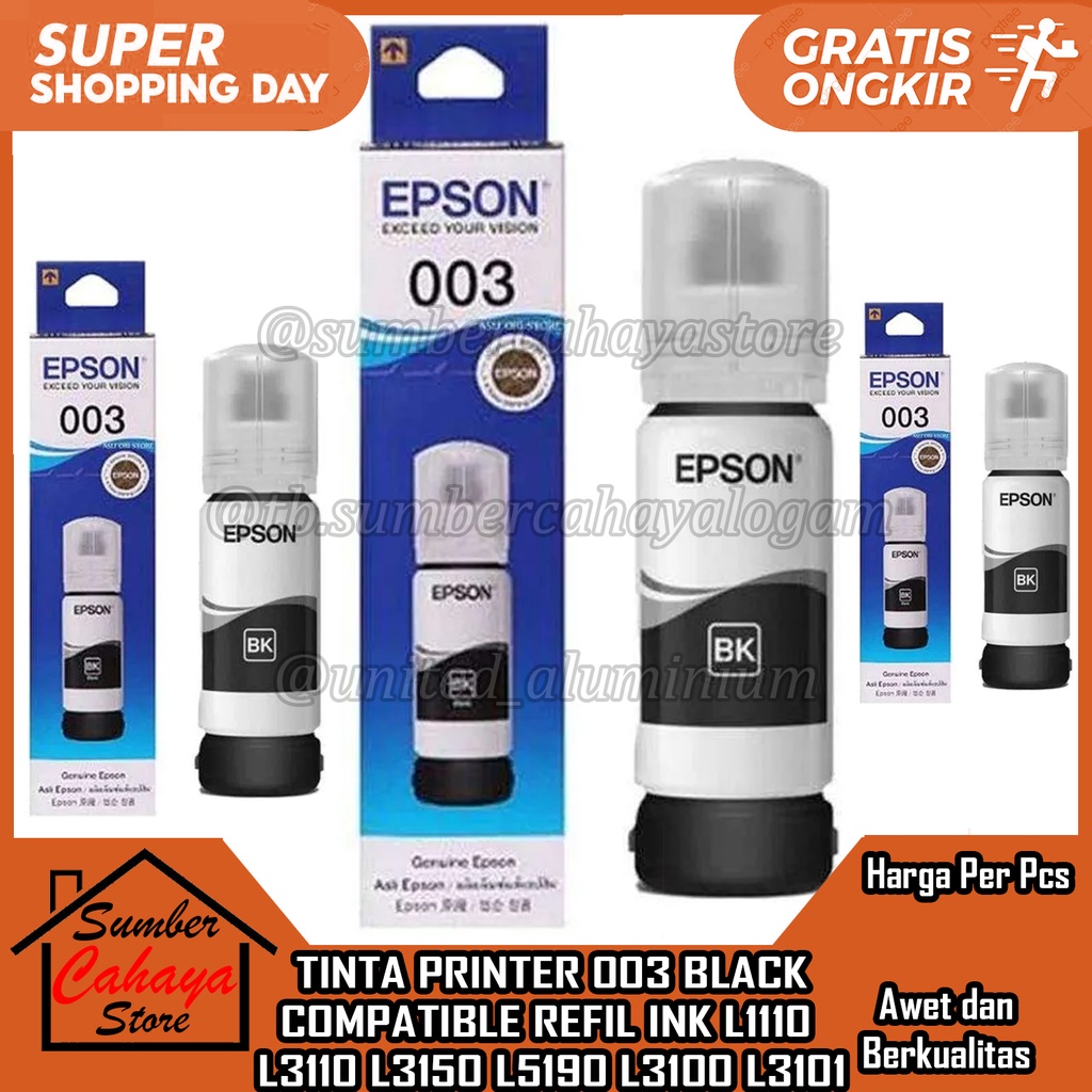 TINTA PRINTER 003 COMPATIBLE REFIL PERINTER L1110 L3110 L3150 L5190 L3100 L3101 ORIGINAL INK BLACK H