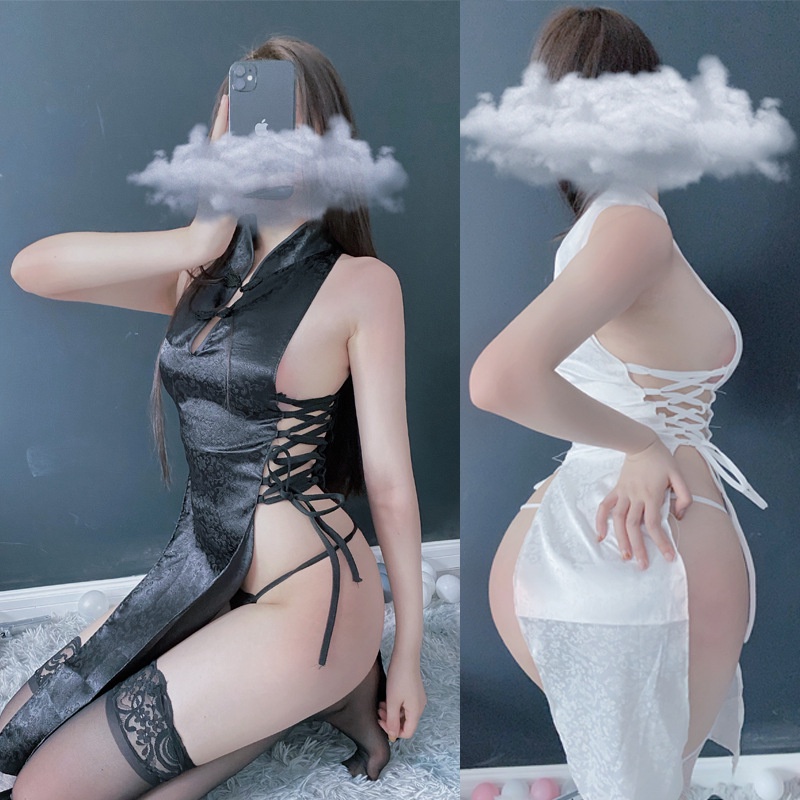 LI-138 lingerie baju tidur wanita cheongsam cina imlek hitam putih cosplay