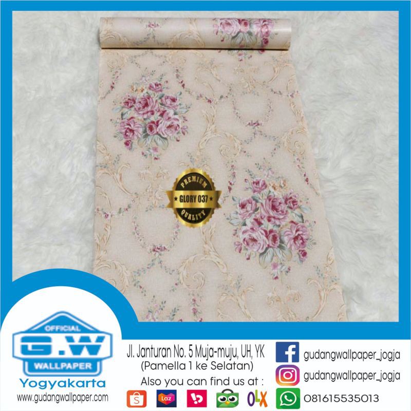 WALLPAPER DINDING BUNGA VINTAGE KREM | Wallpaper Sticker Dinding 45cm x 10m