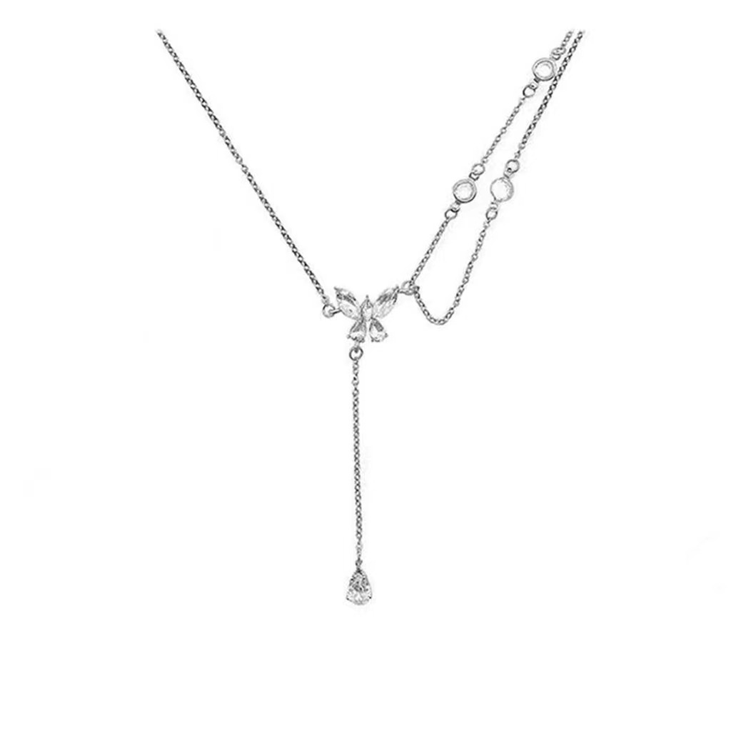 Kalung Rantai Choker Liontin Kristal Rumbai Warna Silver Untuk Wanita