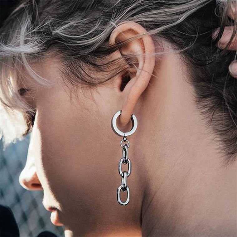 19079Japan and South Korea Harajuku Hip Hop Ear Clip，Stainless steel chain stud earrings