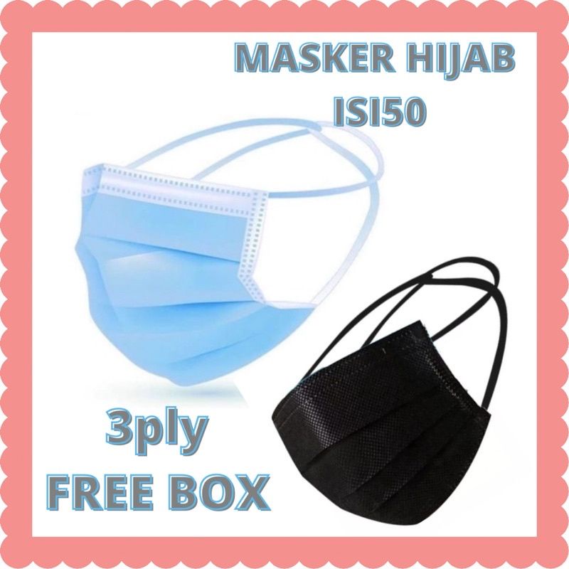 MASKER HEADLOOP HIJAB BIRU | MASKER HIJAB HITAM | MASKER FACE MASK 3PLY 1 BOX ISI 50pc